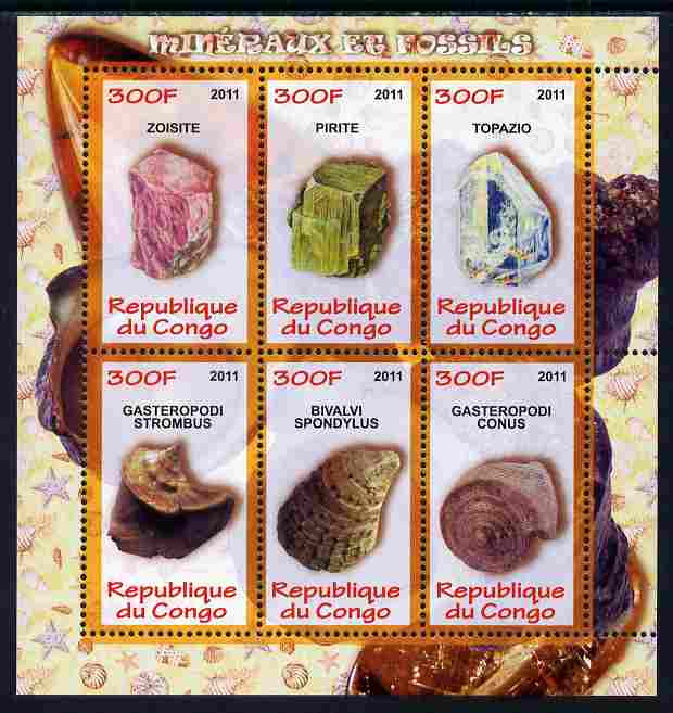 Congo 2011 Minerals & Fossils perf sheetlet containing 6 values unmounted mint, stamps on , stamps on  stamps on minerals, stamps on  stamps on fossils, stamps on  stamps on shells