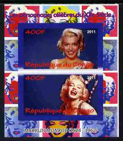 Congo 2011 Marilyn Monroe imperf sheetlet containing 2 values unmounted mint, stamps on , stamps on  stamps on personalities, stamps on  stamps on films, stamps on  stamps on cinema, stamps on  stamps on movies, stamps on  stamps on music, stamps on  stamps on marilyn, stamps on  stamps on monroe