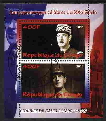 Congo 2011 Charles de Gaulle perf sheetlet containing 2 values fine cto used, stamps on , stamps on  stamps on personalities, stamps on  stamps on de gaulle, stamps on  stamps on constitutions, stamps on  stamps on  ww2 , stamps on  stamps on militaria