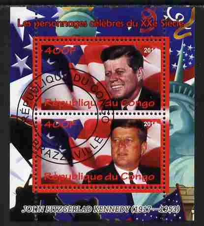 Congo 2011 John F Kennedy perf sheetlet containing 2 values fine cto used, stamps on , stamps on  stamps on personalities, stamps on  stamps on kennedy, stamps on  stamps on usa presidents, stamps on  stamps on americana