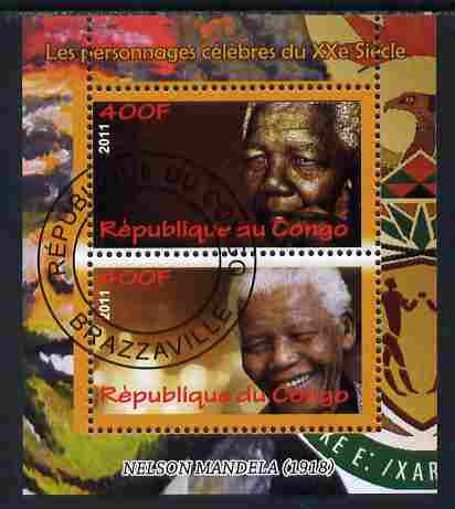 Congo 2011 Nelson Mandela perf sheetlet containing 2 values fine cto used, stamps on , stamps on  stamps on personalities, stamps on  stamps on mandela, stamps on  stamps on nobel, stamps on  stamps on peace, stamps on  stamps on racism, stamps on  stamps on human rights