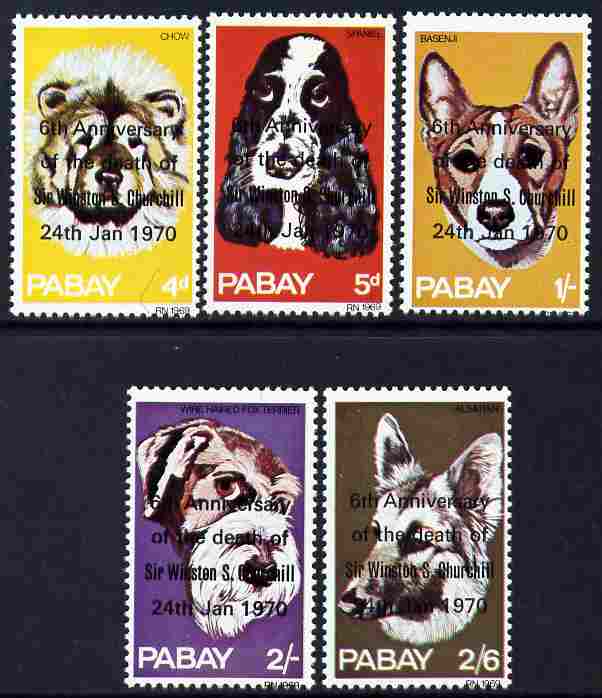 Pabay 1970 Dogs perf set of 5 values only (ex 1s3d) opt'd in error '6th Anniversary of Death of Sir Winston Churchill' unmounted mint, stamps on , stamps on  stamps on animals, stamps on dogs, stamps on chow, stamps on  stamps on  gsd , stamps on  stamps on fox terrier, stamps on spaniel, stamps on personalities, stamps on churchill, stamps on death