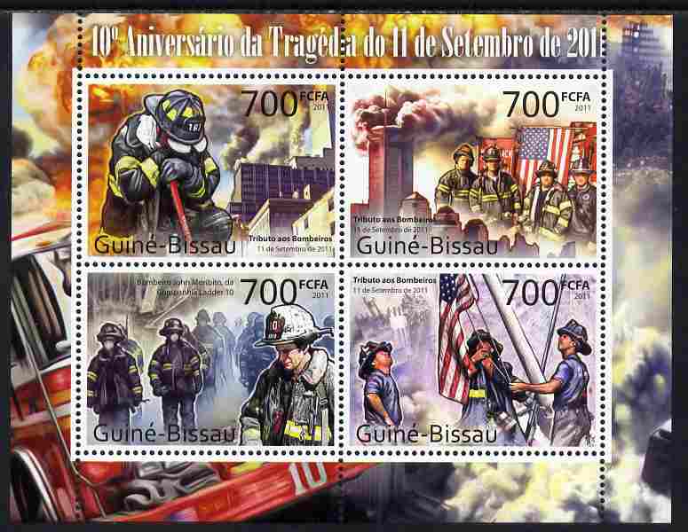 Guinea - Bissau 2011 Tenth Anniversary of 9/11 Tragedy perf sheetlet containing 4 values unmounted mint , stamps on , stamps on  stamps on disasters, stamps on  stamps on fire, stamps on  stamps on flags, stamps on  stamps on americana