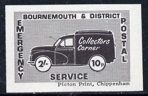 Cinderella - Great Britain 1971 Bournemouth & District Emergency Postal Service 'Collectors Corner Morris Van' dual value 2s - 10p in black on blue white unmounted mint , stamps on , stamps on  stamps on cars, stamps on postal, stamps on cinderella, stamps on strike, stamps on morris, stamps on  stamps on trucks