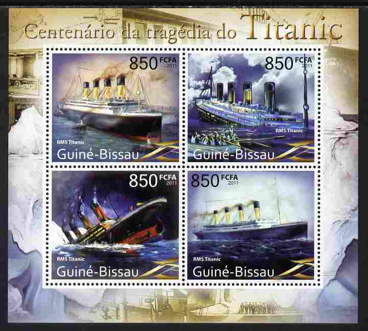 Guinea - Bissau 2011 Centenary of Sinking of Titanic perf sheetlet containing 4 values unmounted mint , stamps on disasters, stamps on ships, stamps on titanic