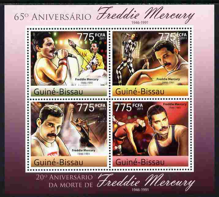 Guinea - Bissau 2011 65th Birth Anniversary of Freddie Mercury perf sheetlet containing 4 values unmounted mint , stamps on , stamps on  stamps on personalities, stamps on  stamps on music, stamps on  stamps on pops, stamps on  stamps on rock, stamps on  stamps on queen