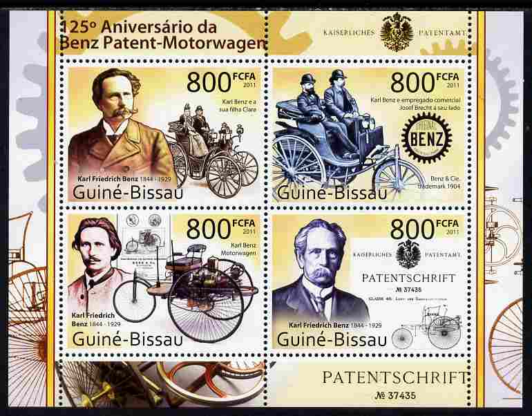 Guinea - Bissau 2011 125th Anniversary of First Patent for Mercedes-Benz perf sheetlet containing 4 values unmounted mint , stamps on cars, stamps on mercedes, stamps on 