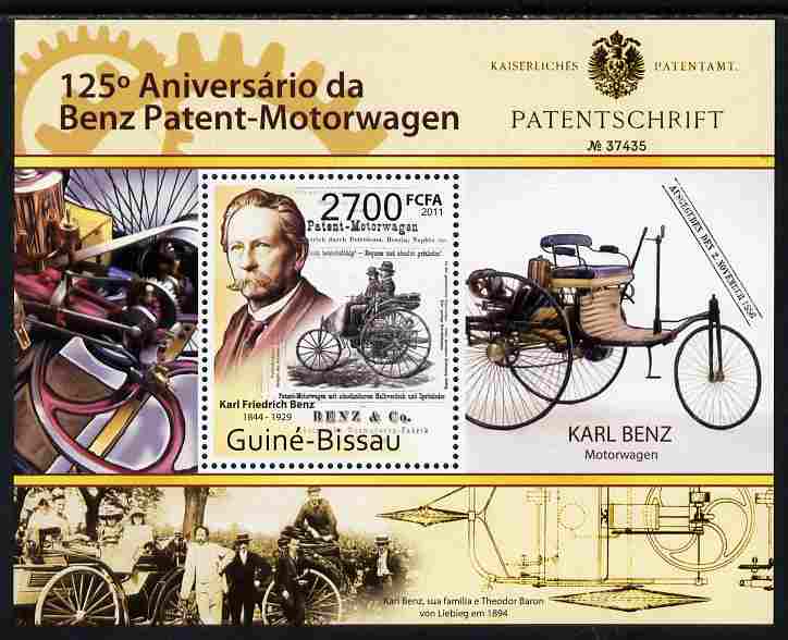 Guinea - Bissau 2011 125th Anniversary of First Patent for Mercedes-Benz perf s/sheet unmounted mint , stamps on , stamps on  stamps on cars, stamps on  stamps on mercedes, stamps on  stamps on 