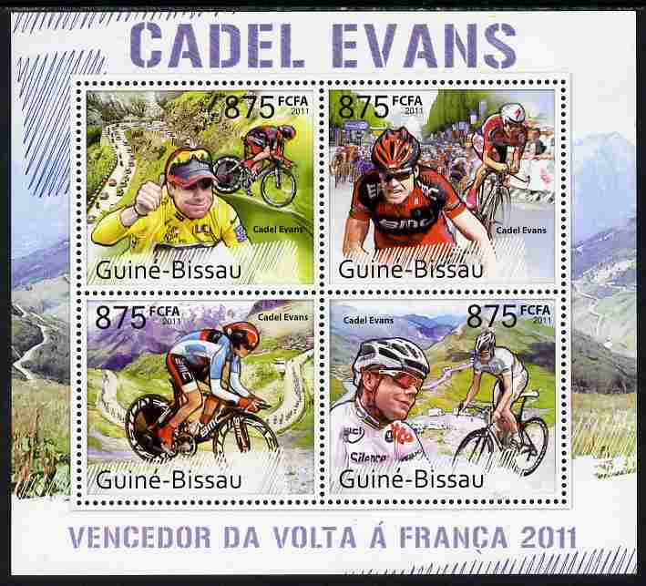 Guinea - Bissau 2011 Cadel Evans - Winner of Tour de France Cycle Race perf sheetlet containing 4 values unmounted mint , stamps on sport, stamps on bicycles