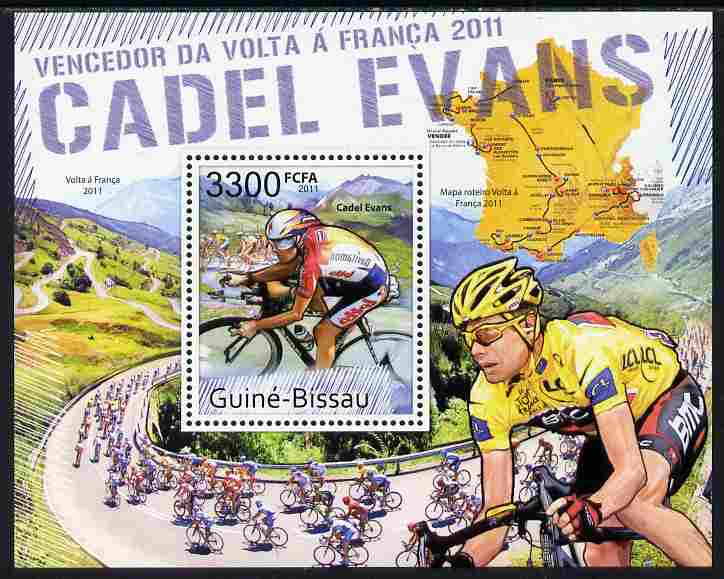 Guinea - Bissau 2011 Cadel Evans - Winner of Tour de France Cycle Race perf s/sheet unmounted mint , stamps on sport, stamps on bicycles