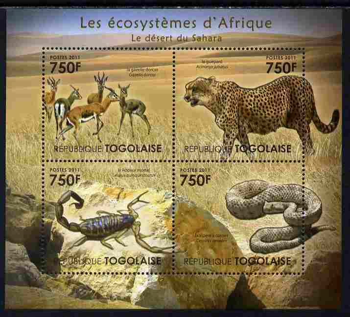 Togo 2011 Ecosystem of Africa - Animals of the Sahara Desert perf sheetlet containing 4 values unmounted mint , stamps on , stamps on  stamps on environment, stamps on  stamps on animals, stamps on  stamps on cats, stamps on  stamps on cheetahs, stamps on  stamps on snakes, stamps on  stamps on scorpions, stamps on  stamps on gazelles