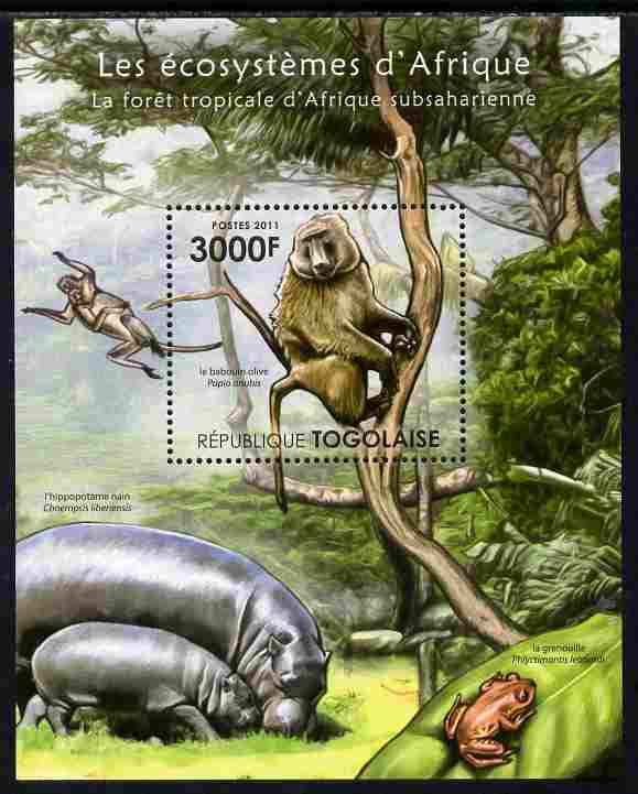 Togo 2011 Ecosystem of Africa - Animals of the Sub-Sahara Desert perf s/sheet unmounted mint , stamps on , stamps on  stamps on environment, stamps on  stamps on animals, stamps on  stamps on hippos, stamps on  stamps on frogs, stamps on  stamps on apes