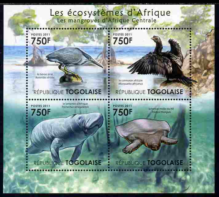 Togo 2011 Ecosystem of Africa - Animals of the Central Mangrove perf sheetlet containing 4 values unmounted mint , stamps on , stamps on  stamps on environment, stamps on  stamps on animals, stamps on  stamps on herons, stamps on  stamps on cormorants, stamps on  stamps on turtles, stamps on  stamps on manatees