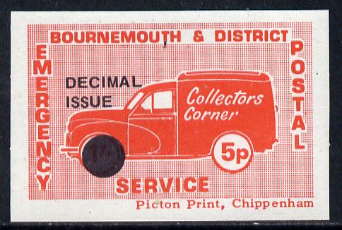 Cinderella - Great Britain 1971 Bournemouth & District Emergency Postal Service 'Collectors Corner Morris Van',5p in red on whiter paper opt'd 'Decimal Issue' unmounted mint , stamps on , stamps on  stamps on cars, stamps on postal, stamps on cinderella, stamps on strike, stamps on morris, stamps on  stamps on trucks