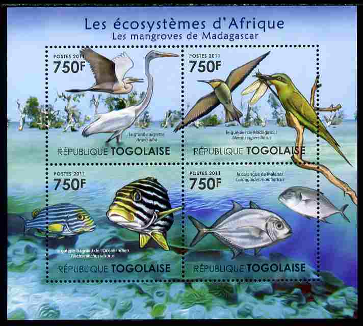 Togo 2011 Ecosystem of Africa - Animals of the Madagascar Mangrove perf sheetlet containing 4 values unmounted mint , stamps on environment, stamps on animals, stamps on fish, stamps on birds, stamps on insects, stamps on egrets, stamps on bee eaters