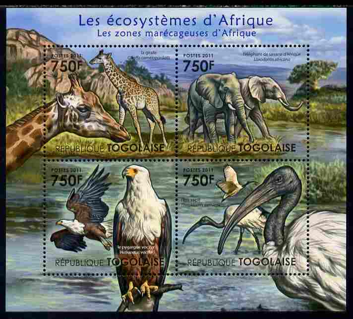 Togo 2011 Ecosystem of Africa - Animals of the Swampy Areas perf sheetlet containing 4 values unmounted mint , stamps on , stamps on  stamps on environment, stamps on  stamps on animals, stamps on  stamps on birds, stamps on  stamps on birds of prey, stamps on  stamps on eagles, stamps on  stamps on elephants, stamps on  stamps on giraffes, stamps on  stamps on ibis