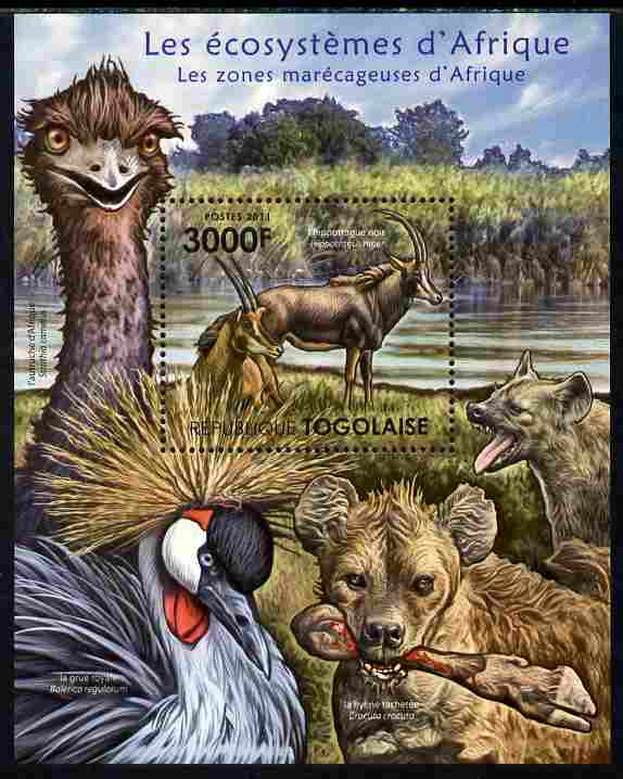 Togo 2011 Ecosystem of Africa - Animals of the Swampy Areas perf s/sheet unmounted mint , stamps on environment, stamps on animals, stamps on hyenas, stamps on cranes, stamps on antelopes, stamps on ostrich