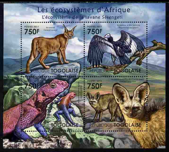 Togo 2011 Ecosystem of Africa - Animals of the Serengeti perf sheetlet containing 4 values unmounted mint , stamps on environment, stamps on animals, stamps on birds, stamps on birds of prey, stamps on vultures, stamps on cats, stamps on caracals, stamps on lizards, stamps on foxes, stamps on  fox , stamps on 