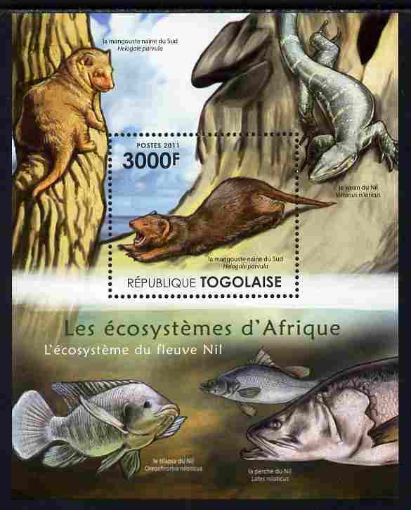 Togo 2011 Ecosystem of Africa - Animals of the River Nile perf s/sheet unmounted mint , stamps on , stamps on  stamps on environment, stamps on  stamps on animals, stamps on  stamps on lizards, stamps on  stamps on fish, stamps on  stamps on monitors, stamps on  stamps on lizards, stamps on  stamps on mongoose