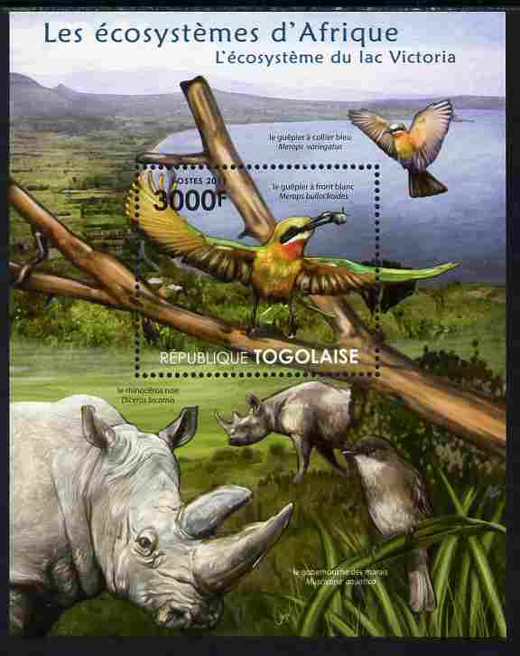 Togo 2011 Ecosystem of Africa - Animals of the Lake Victoria perf s/sheet unmounted mint , stamps on , stamps on  stamps on environment, stamps on  stamps on animals, stamps on  stamps on birds, stamps on  stamps on rhinos, stamps on  stamps on bee eaters, stamps on  stamps on fly catchers