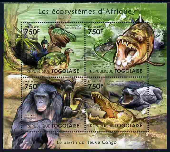 Togo 2011 Ecosystem of Africa - Animals of the River Congo perf sheetlet containing 4 values unmounted mint , stamps on , stamps on  stamps on environment, stamps on  stamps on animals, stamps on  stamps on crocodiles, stamps on  stamps on apes, stamps on  stamps on chimpanzee, stamps on  stamps on pea fowl, stamps on  stamps on fish