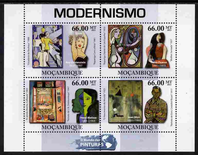 Mozambique 2011 Modernist Paintings perf sheetlet containing 4 values unmounted mint, stamps on , stamps on  stamps on arts, stamps on  stamps on picasso, stamps on  stamps on matisse, stamps on  stamps on miro