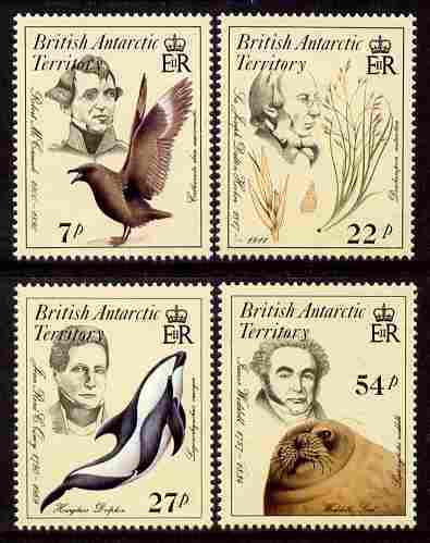 British Antarctic Territory 1985 Early Naturalists set of 4 unmounted mint SG 143-46, stamps on polar, stamps on birds, stamps on seals, stamps on whales, stamps on dolphins, stamps on flowers