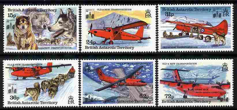 British Antarctic Territory 1994 Forms of Transportation perf set of 6 unmounted mint SG 240-45, stamps on , stamps on  stamps on polar, stamps on  stamps on dogs, stamps on  stamps on huskies, stamps on  stamps on aviation