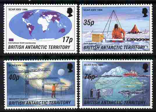 British Antarctic Territory 1996 Scientific Committee on Antarctic Research perf set of 4 unmounted mint SG 260-63, stamps on , stamps on  stamps on polar, stamps on  stamps on science, stamps on  stamps on maps, stamps on  stamps on globes, stamps on  stamps on ships, stamps on  stamps on balloons