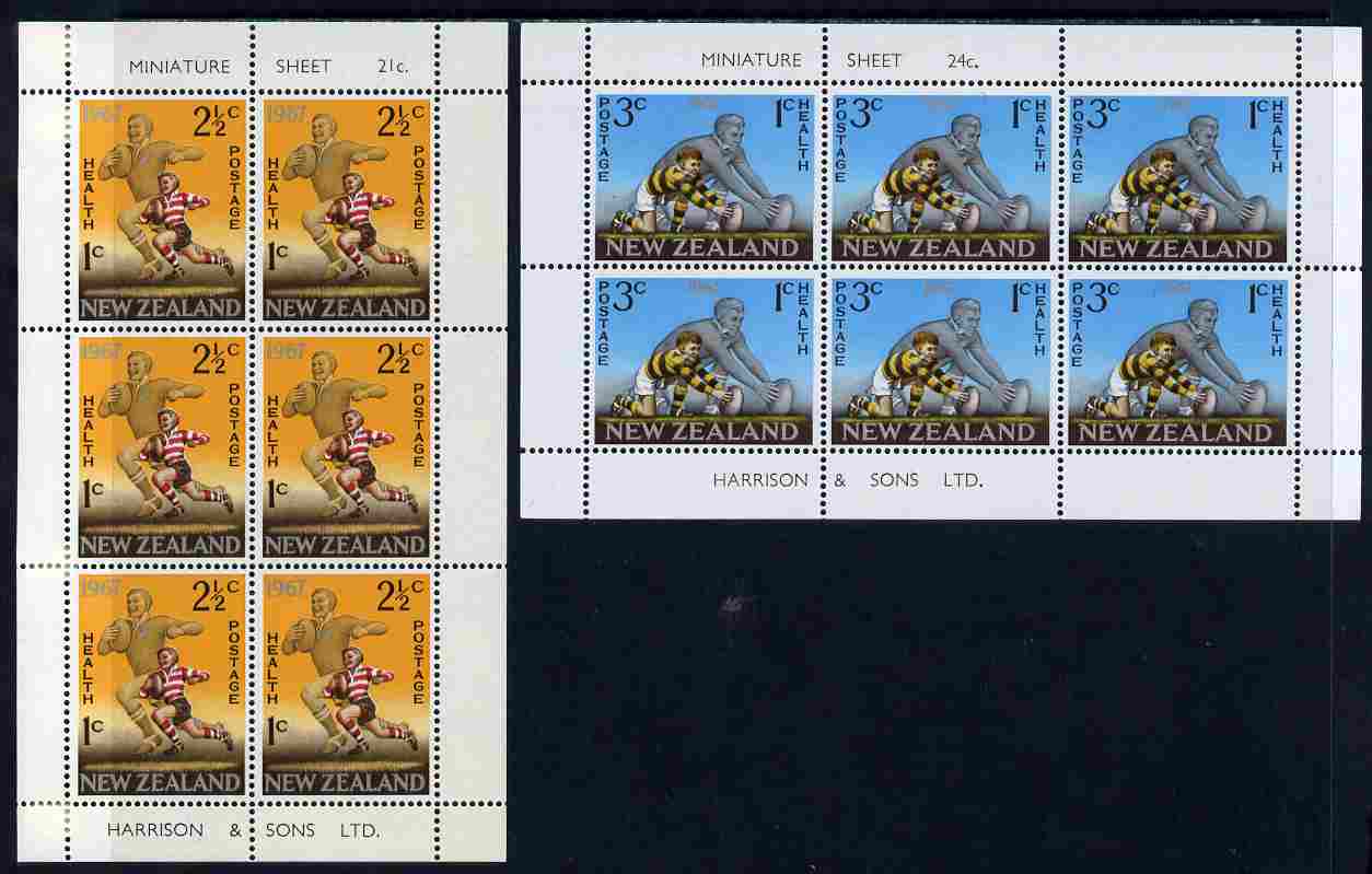 New Zealand 1967 Health - Rugby set of 2 m/sheets unmounted mint, SG MS 869, stamps on rugby