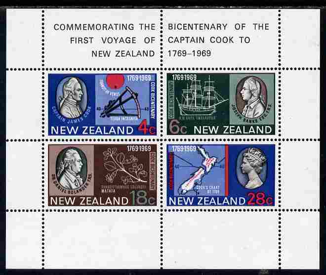 New Zealand 1969 Bicentenary of Captain Cook's Landing m/sheet unmounted mint SG MS 910, stamps on explorers, stamps on cook, stamps on ships, stamps on maps, stamps on navigation, stamps on 