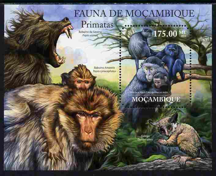 Mozambique 2011 Primates perf m/sheet containing octagonal shaped value unmounted mint, stamps on , stamps on  stamps on shaped, stamps on  stamps on animals, stamps on  stamps on apes, stamps on  stamps on monkeys