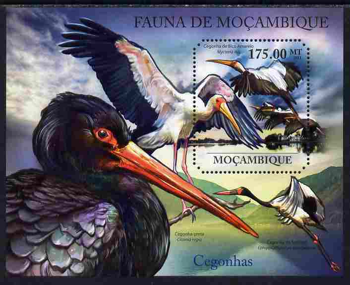 Mozambique 2011 Storks perf m/sheet containing octagonal shaped value unmounted mint, stamps on , stamps on  stamps on shaped, stamps on  stamps on birds, stamps on  stamps on storks