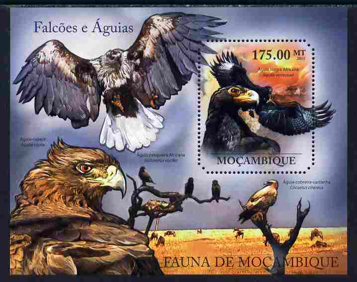 Mozambique 2011 Hawks & Eagles perf m/sheet containing octagonal shaped value unmounted mint, stamps on , stamps on  stamps on shaped, stamps on  stamps on birds, stamps on  stamps on birds of prey, stamps on  stamps on hawks, stamps on  stamps on eagles