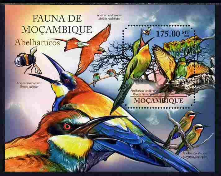 Mozambique 2011 Bee Eaters perf m/sheet containing octagonal shaped value unmounted mint, stamps on , stamps on  stamps on shaped, stamps on  stamps on birds, stamps on  stamps on bee eaters, stamps on  stamps on bees