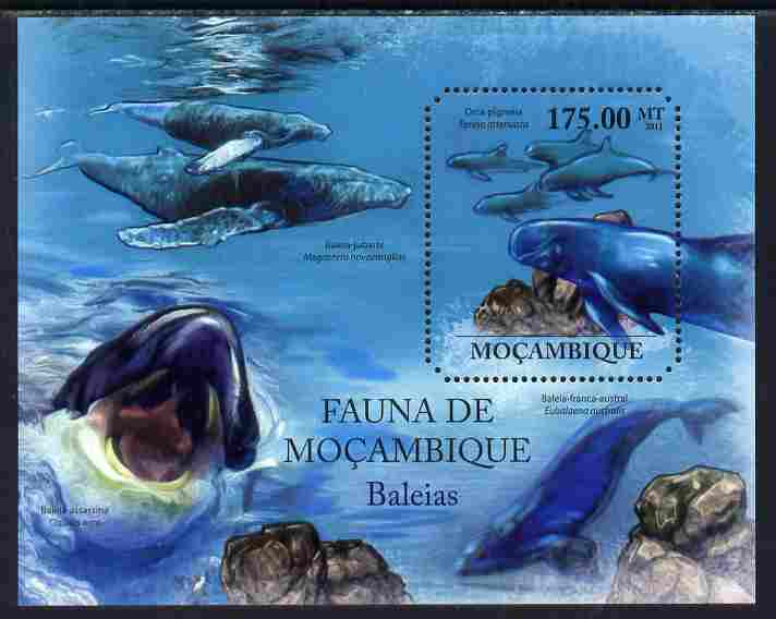 Mozambique 2011 Whales perf m/sheet containing octagonal shaped value unmounted mint, stamps on , stamps on  stamps on shaped, stamps on  stamps on animals, stamps on  stamps on whales, stamps on  stamps on marine life