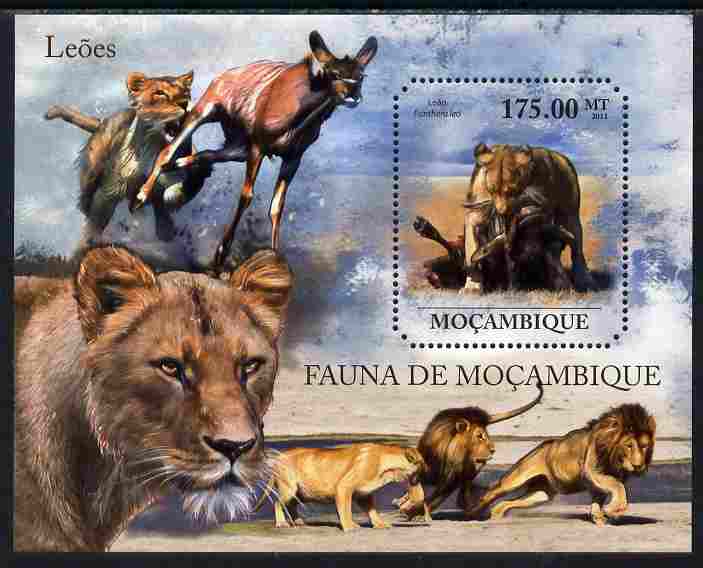 Mozambique 2011 Lions perf m/sheet containing octagonal shaped value unmounted mint, stamps on , stamps on  stamps on shaped, stamps on  stamps on animals, stamps on  stamps on cats, stamps on  stamps on lions