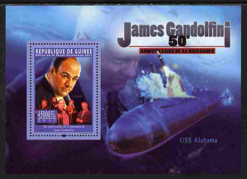 Guinea - Conakry 2011 50th Birth Anniversary of James Gandolfini perf s/sheet unmounted mint Michel BL 1968, stamps on , stamps on  stamps on personalities, stamps on  stamps on films, stamps on  stamps on cinema, stamps on  stamps on movies, stamps on  stamps on  tv , stamps on  stamps on mafia, stamps on  stamps on submarines, stamps on  stamps on ships, stamps on  stamps on 