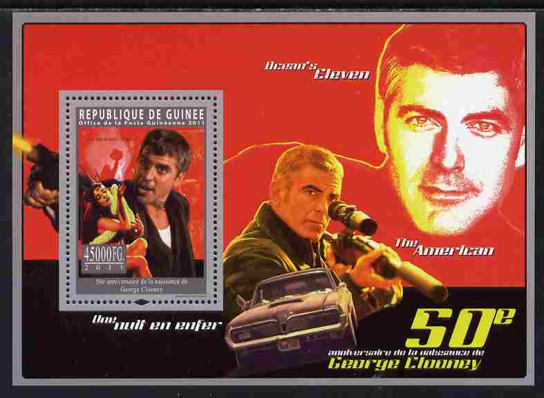 Guinea - Conakry 2011 50th Birth Anniversary of George Clooney perf s/sheet unmounted mint Michel BL 1969, stamps on personalities, stamps on films, stamps on cinema, stamps on movies, stamps on 