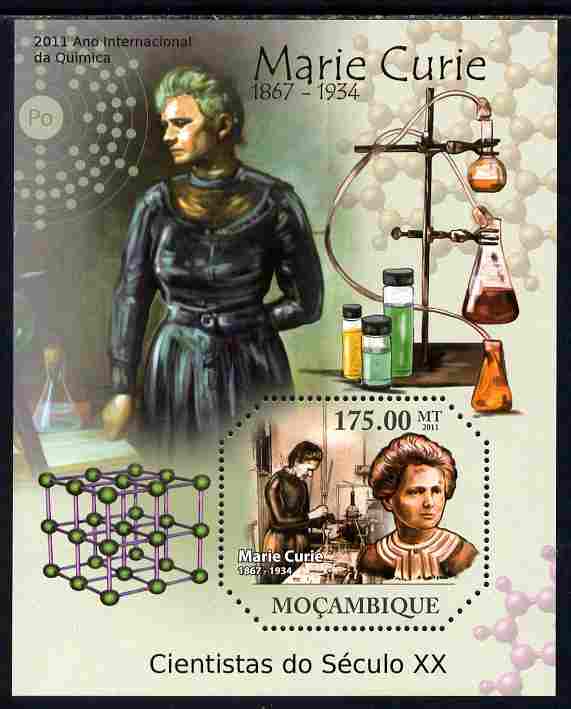 Mozambique 2011 Marie Curie perf s/sheet containing octagonal shaped value unmounted mint , stamps on personalities, stamps on nobel, stamps on women, stamps on medical, stamps on physics, stamps on chemistry, stamps on cancer, stamps on diseases, stamps on shaped