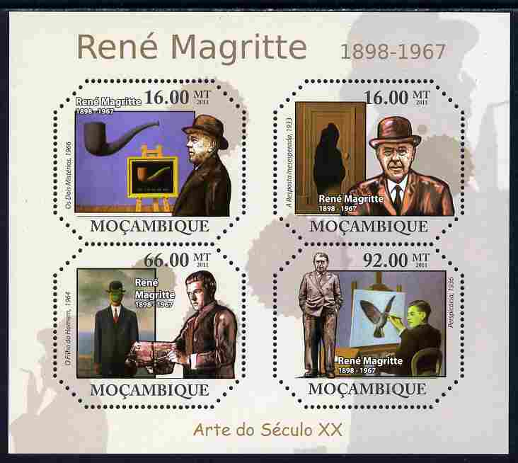 Mozambique 2011 Paintings of Rene Magritte perf sheetlet containing four octagonal shaped values unmounted mint , stamps on , stamps on  stamps on personalities, stamps on  stamps on arts, stamps on  stamps on smoking, stamps on  stamps on shaped