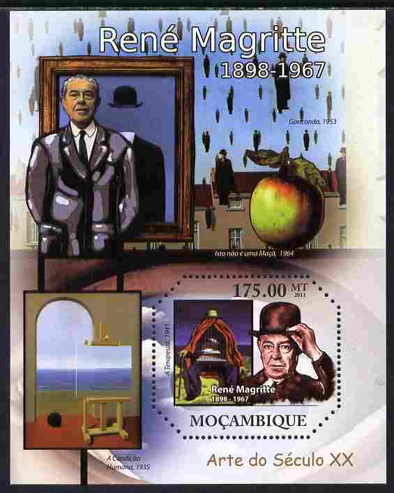 Mozambique 2011 Paintings of Rene Magritte perf s/sheet containing octagonal shaped value unmounted mint , stamps on , stamps on  stamps on personalities, stamps on  stamps on arts, stamps on  stamps on fruit, stamps on  stamps on shaped