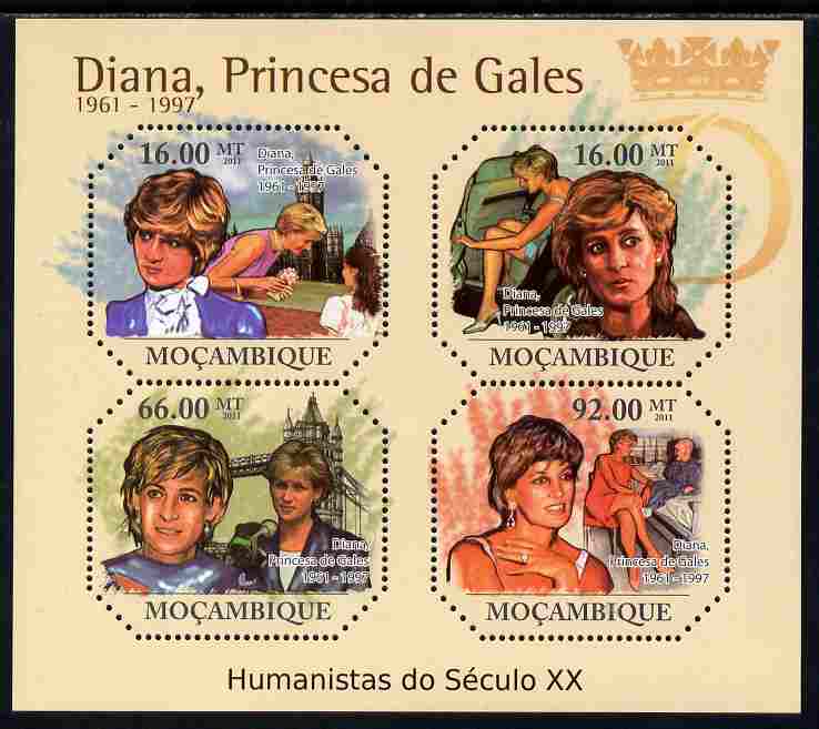 Mozambique 2011 Diana Princess of Wales perf sheetlet containing four octagonal shaped values unmounted mint , stamps on , stamps on  stamps on personalities, stamps on  stamps on royalty, stamps on  stamps on diana, stamps on  stamps on shaped