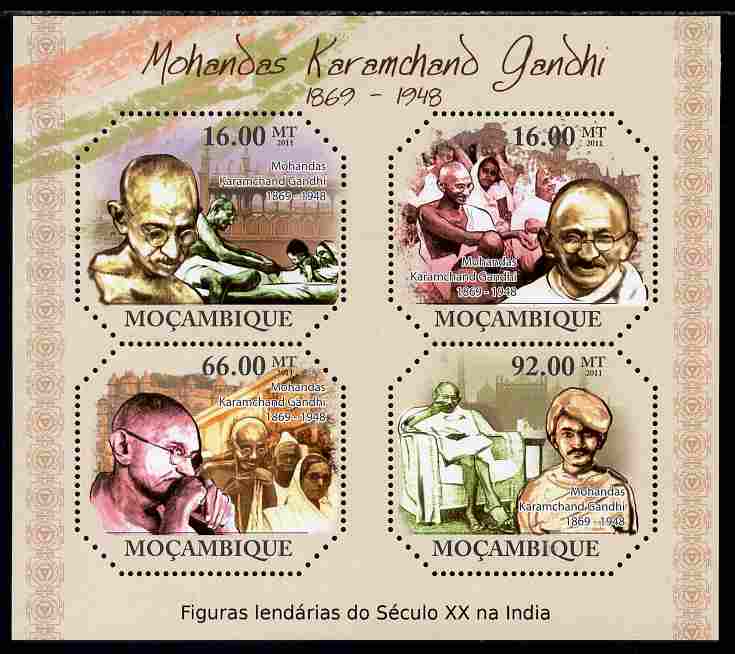 Mozambique 2011 Mahatma Gandhi perf sheetlet containing four octagonal shaped values unmounted mint , stamps on personalities, stamps on gandhi, stamps on constitutions, stamps on shaped