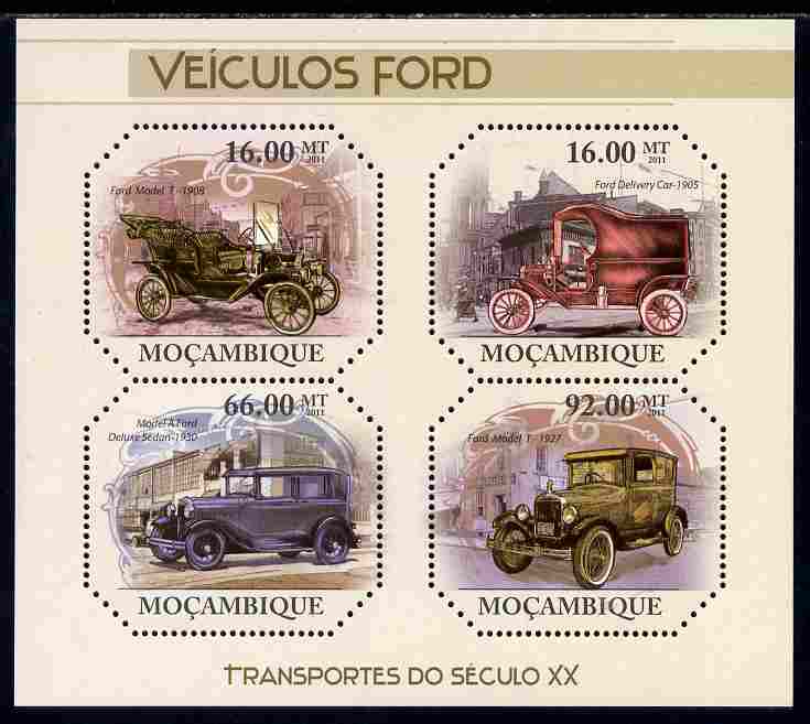 Mozambique 2011 Vintage Ford Cars perf sheetlet containing four octagonal shaped values unmounted mint , stamps on , stamps on  stamps on cars, stamps on  stamps on ford, stamps on  stamps on shaped, stamps on  stamps on trucks