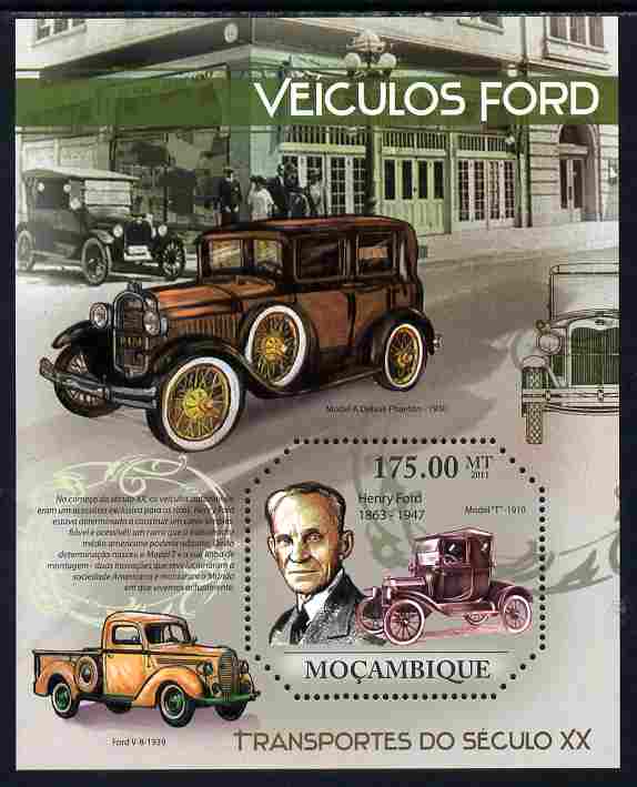 Mozambique 2011 Vintage Ford Cars perf s/sheet containing octagonal shaped value unmounted mint , stamps on cars, stamps on ford, stamps on shaped, stamps on 