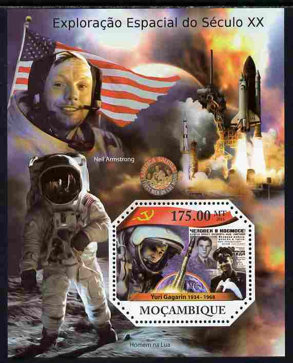 Mozambique 2011 Space Exploration perf s/sheet containing octagonal shaped value unmounted mint , stamps on shaped, stamps on space, stamps on gagarin, stamps on apollo, stamps on satellites, stamps on shuttle, stamps on rockets, stamps on 