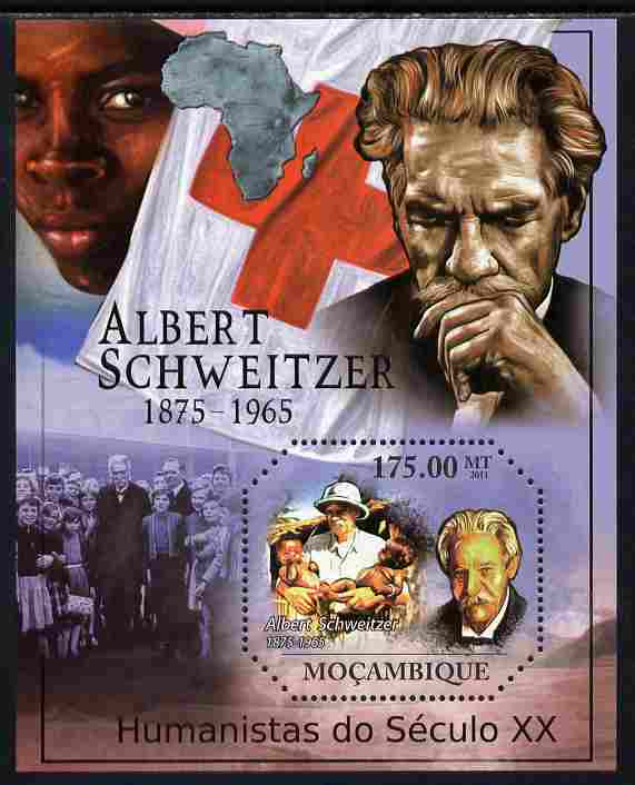 Mozambique 2011 Humanitarians of the 20th Century perf s/sheet containing octagonal shaped value unmounted mint , stamps on shaped, stamps on personalities, stamps on peace, stamps on nobel, stamps on music, stamps on religion, stamps on schweitzer