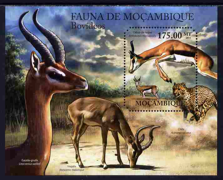 Mozambique 2011 Antelopes perf s/sheet containing octagonal shaped value unmounted mint , stamps on , stamps on  stamps on shaped, stamps on  stamps on animals, stamps on  stamps on antelopes, stamps on  stamps on cheetah