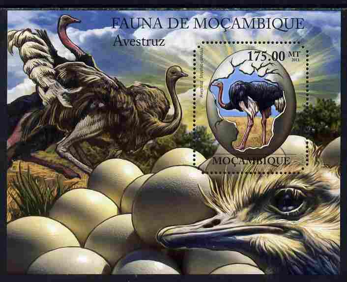 Mozambique 2011 Ostrich perf s/sheet containing octagonal shaped value unmounted mint , stamps on , stamps on  stamps on shaped, stamps on  stamps on birds, stamps on  stamps on ostrich